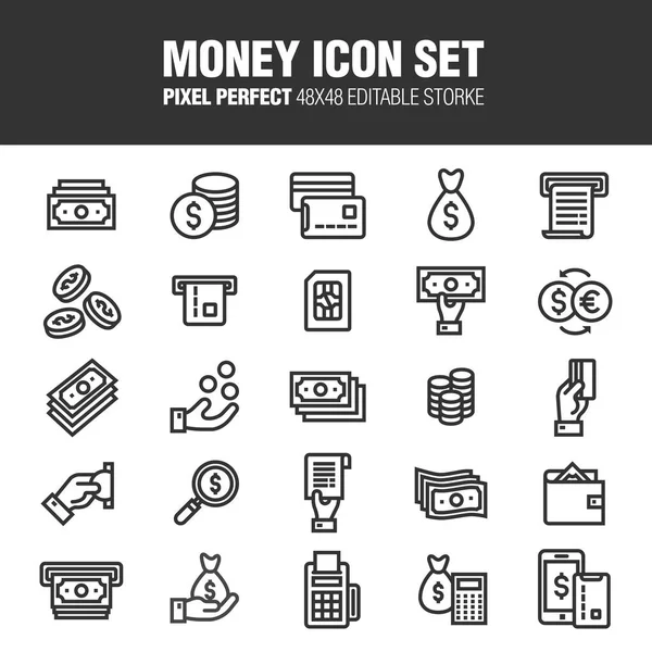 Conjunto Iconos Simples Relacionados Con Dinero Dinero Monedas Billeteras Cajeros — Vector de stock