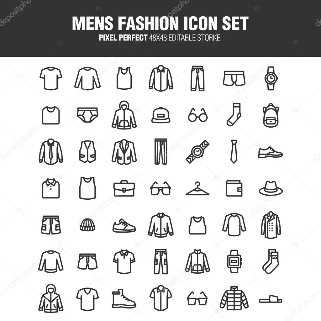 It's a set of icons about men's fashion. This content provides clothing, general merchandise, etc. Editable stroke. 48x48 Pixel Perfect.