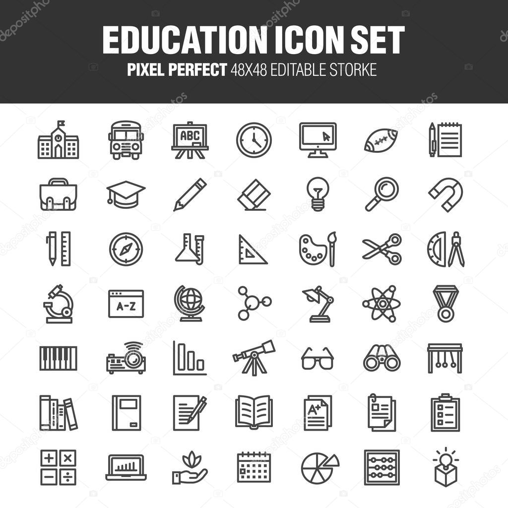 A set of school and educational icons. Contains icons for the services involved in the training. Editable stroke. 48x48 Pixel Perfect.