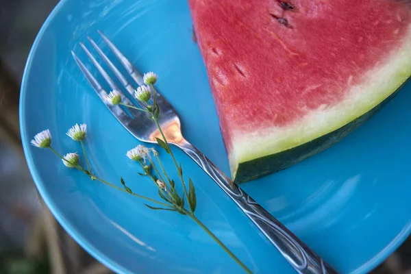 Piece Watermelon Fork Blue Plate — Stock Photo, Image