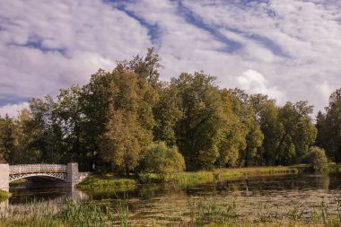 Sonbahar manzara, nehir, park, güneşli havalarda. Pavlovsk, St Petersburg