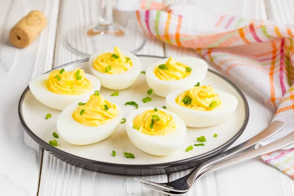 Stuffed Eggs Yellow Mousse Wine Snack Holiday Party — Stock Photo, Image