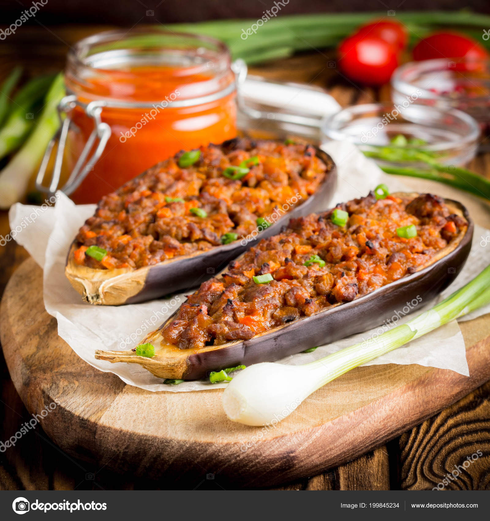Stuffed Eggplant Aubergine Ground Beef Pork Vegetables Tomato Sauce