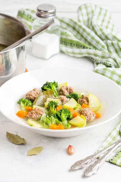 Vegetable Soup Beef Meatballs Carrots Cabbage Zucchini Broccoli Tatsy Healthy — Stock Photo, Image