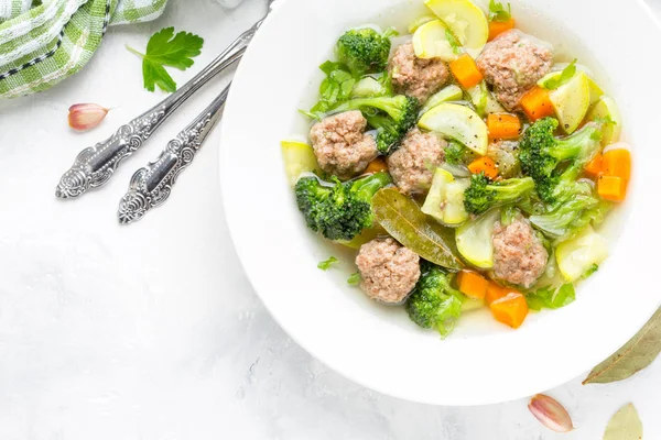 Soupe Légumes Avec Boulettes Viande Bœuf Carottes Chou Courgettes Brocoli — Photo