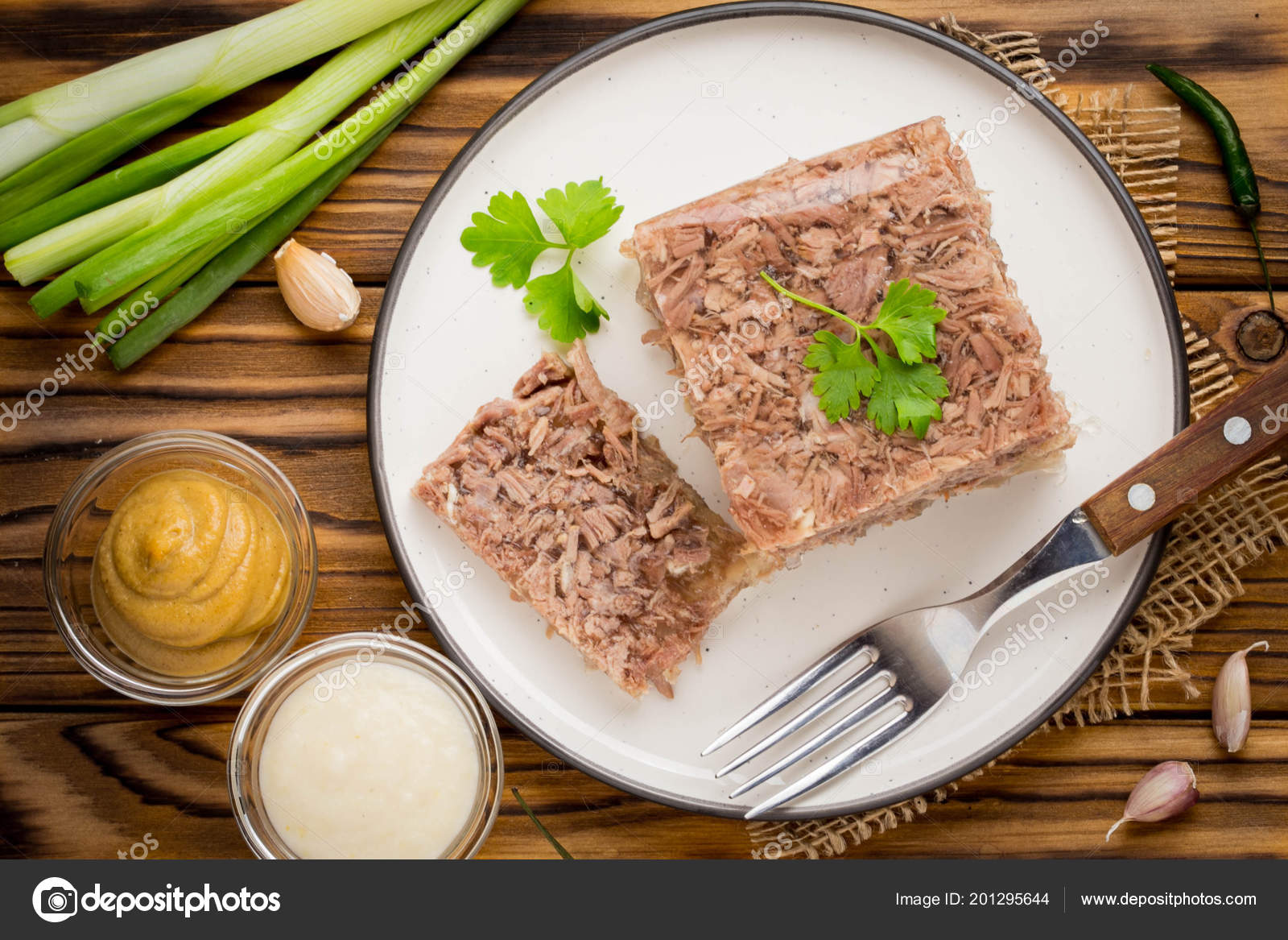 Jelly Meat Beef Aspic Traditional Russian Dish Portion Plate Mustard