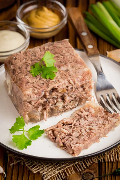 Jelly Meat Beef Aspic Traditional Russian Dish Portion Plate Mustard — Stock Photo, Image