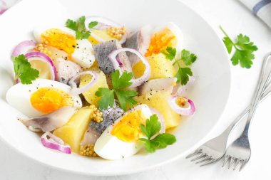 Patates salatası ile ringa balığı, yumurta, soğan, lezzetli meze beyaz bir tabak içinde hardallı
