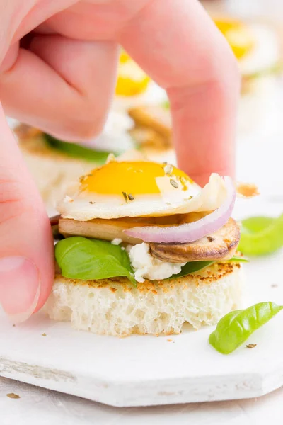 Canapes Fried Mushrooms Quail Egg Soft Cheese Basil Beautiful Appetizer — Stock Photo, Image