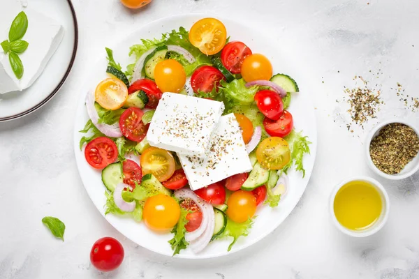 Tasty Greek Salad Colorful Cherry Tomatoes Red Yellow Cucumber Onion — Stock Photo, Image