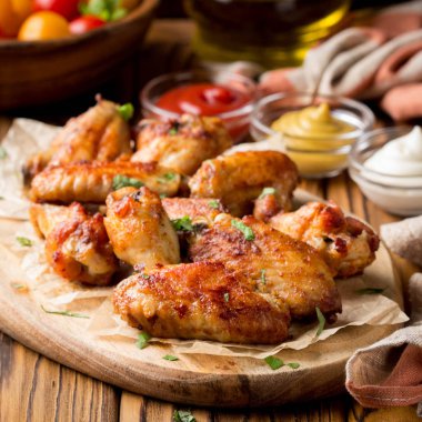 Ketçap ve hardal sosları ahşap oyun tahtası ile ızgara tavuk kanatları. Geleneksel pişmiş Barbekü buffalo