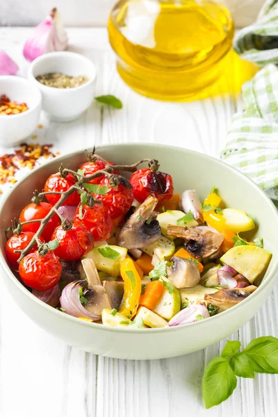 Baked Vegetables Mushrooms Bowl Zucchini Cherry Tomatoes Branch Red Onions — Stock Photo, Image