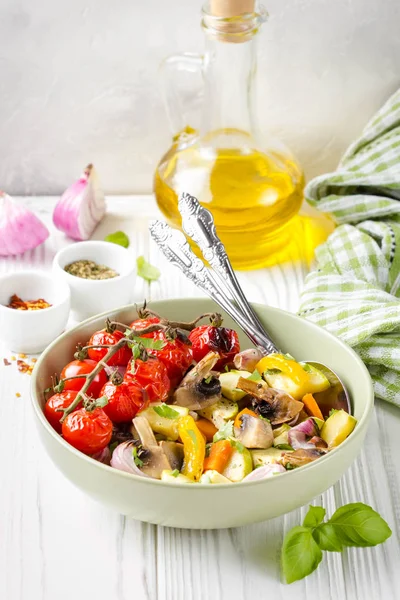 Baked Vegetables Mushrooms Bowl Zucchini Cherry Tomatoes Branch Red Onions — Stock Photo, Image