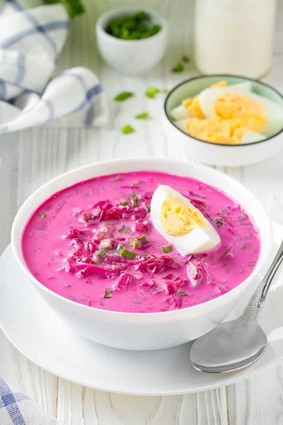 Koude Borsch Zomer Bieten Soep Met Verse Komkommer Radijs Gekookt — Stockfoto