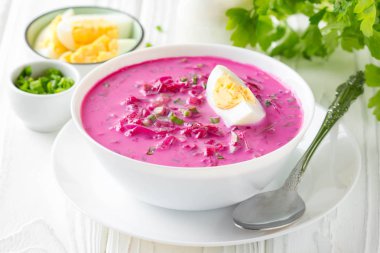 Soğuk borsch yaz Pancar çorbası taze salatalık, turp ve beyaz bir kase haşlanmış yumurta. Geleneksel Avrupa yemekleri, lezzetli öğle yemeği