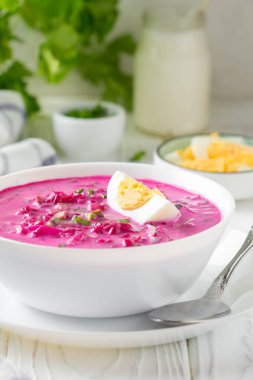 Soğuk borsch yaz Pancar çorbası taze salatalık, turp ve beyaz bir kase haşlanmış yumurta. Geleneksel Avrupa yemekleri, lezzetli öğle yemeği