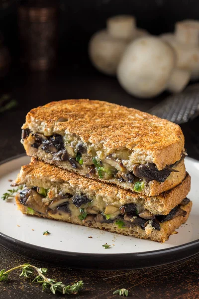 Hot Sandwich Mushrooms Cheese Green Onions Delicious Lunch Autumn Food — Stock Photo, Image