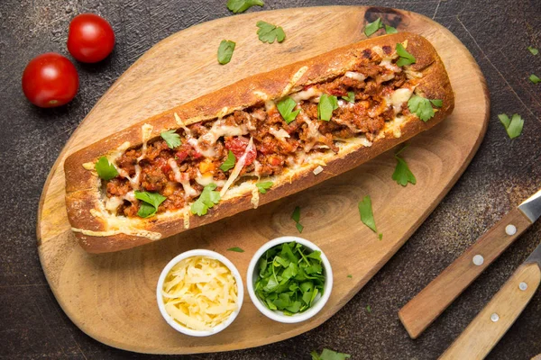 Baguette Stuffed Bolognese Ragout Minced Beef Tomatoes Cheese Delicious Italian — Stock Photo, Image