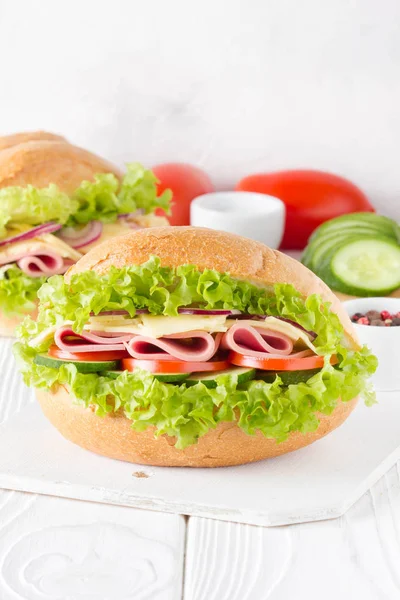 Closed Sandwich Bun Ham Cheese Lettuce Tomato Cucumber Red Onion — Stock Photo, Image