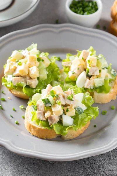 Sandwiches Squid Meat Salad Cucumber Egg Cheese Mayonnaise Canapes Tartlets — Stock Photo, Image
