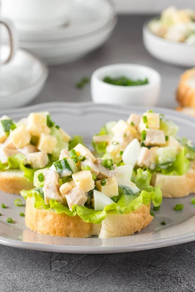 Sandwiches Squid Meat Salad Cucumber Egg Cheese Mayonnaise Canapes Tartlets — Stock Photo, Image