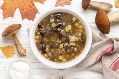 Çörek, patates, pearl arpa ve ekşi krema ile orman mantar çorbası. Klasik Rus yemekleri, lezzetli sağlıklı vejetaryen yemek. Beyaz ahşap zemin üzerinde sonbahar gıda