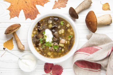 Çörek, patates, pearl arpa ve ekşi krema ile orman mantar çorbası. Klasik Rus yemekleri, lezzetli sağlıklı vejetaryen yemek. Beyaz ahşap zemin üzerinde sonbahar gıda