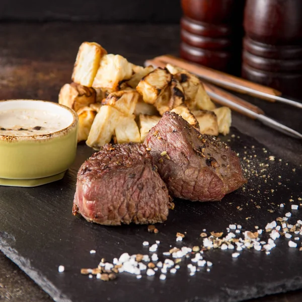 Two Steak Filet Mignon Side Dish Baked Potatoes Celery Salt — Stock Photo, Image