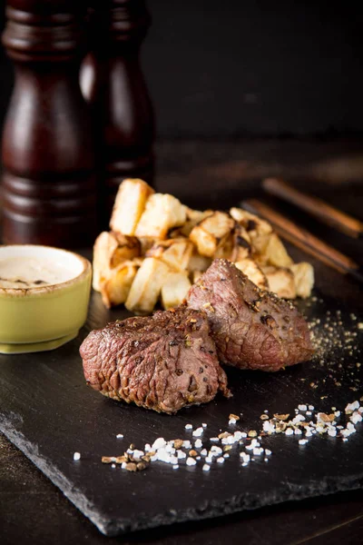 Two Steak Filet Mignon Side Dish Baked Potatoes Celery Salt — Stock Photo, Image