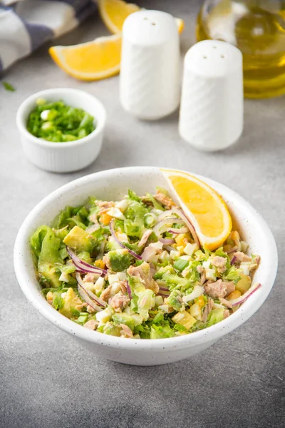 Ton balığı, avokado, soğan, yumurta ve limon ile salata. Bahar sağlıklı lezzetli öğle yemeği açık gri renkli