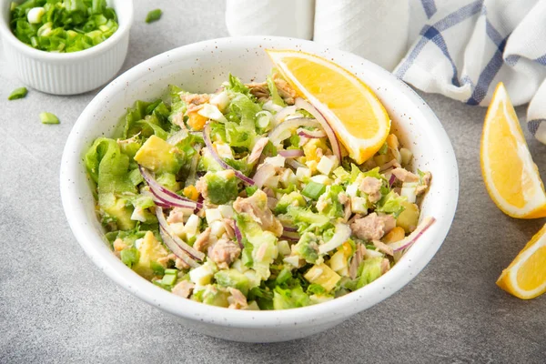 Ton balığı, avokado, soğan, yumurta ve limon ile salata. Bahar sağlıklı lezzetli öğle yemeği açık gri renkli