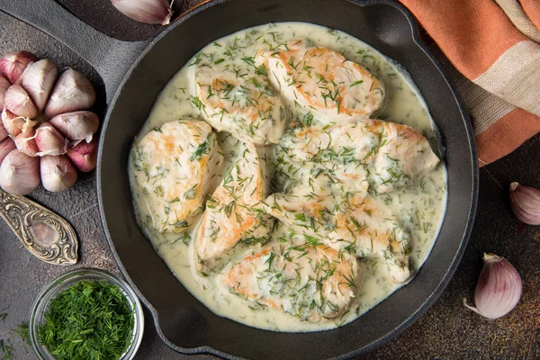 Chicken Fillet Turkey Breast Creamy Sauce Dill Garlic Cast Iron — Stock Photo, Image