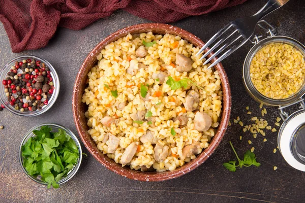 Bulgur Con Tacchino Maiale Manzo Piatto Orientale Riso Delizioso Cibo — Foto Stock