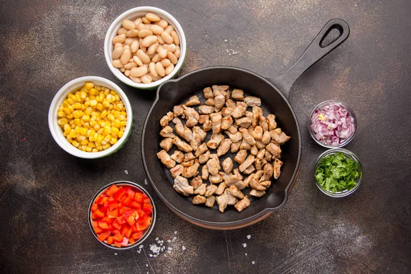 Cooking Filling Burritos Tortillas Meat Vegetables White Beans Red Pepper — Stock Photo, Image