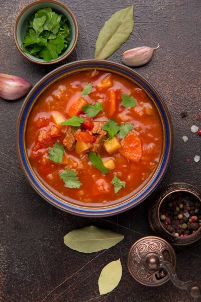 Dikke Tomatensoep Met Vlees Granen Groenten Traditionele Oosterse Gerechten Pittige — Stockfoto