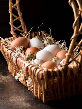 Farklı yumurta sepet, beyaz, karanlıkta bıldırcın ve tavuk. Paskalya tatili