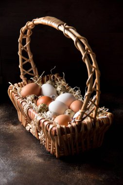 Farklı yumurta sepet, beyaz, karanlıkta bıldırcın ve tavuk. Paskalya tatili