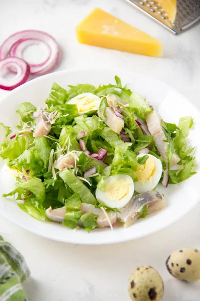 Ensalada fresca con arenque salado, pescado, lechuga, huevo de codorniz cocido —  Fotos de Stock