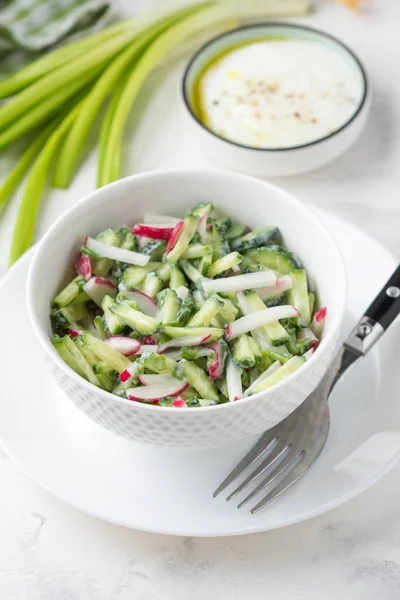 Salada com rabanete, pepino, cebola verde e molho de creme azedo , — Fotografia de Stock