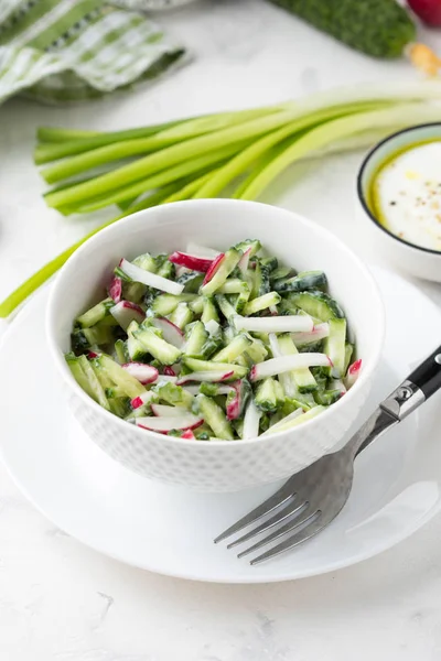 Insalata con ravanello, cetriolo, cipolle verdi e salsa di panna acida , — Foto Stock