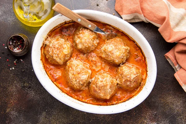 Meatballs in tomato sauce with cheese, baked meat cutlets from p — Stock Photo, Image