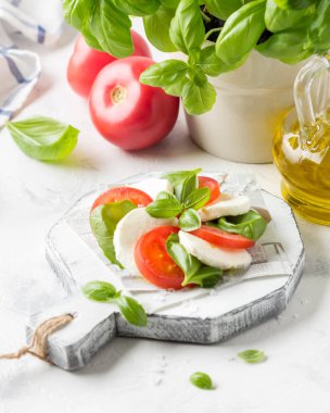 Mozzarella, sulu domates ve taze Fesleğen ile Caprese salatası. Del