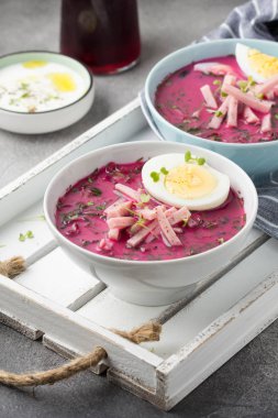 Soğuk Pancar çorbası, geleneksel Litvanya yemeği, yaz yemeği. Taze 