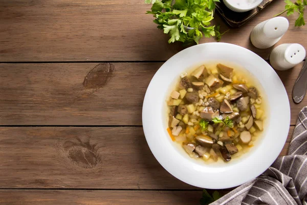 Sopa de setas silvestres (álamo, blanco, boletus) con verduras , —  Fotos de Stock