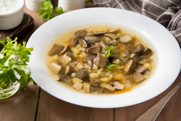 Soup of wild mushrooms (aspen, white, boletus) with vegetables, — Stock Photo, Image