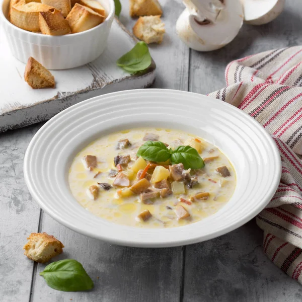 Sopa de queso con champiñones, patatas, zanahorias y croutons Delic —  Fotos de Stock