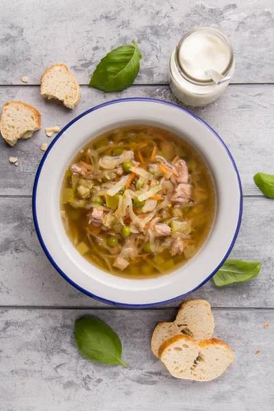 Vegetable soup with cabbage, meat, potatoes, zucchini, carrots, — Stock Photo, Image