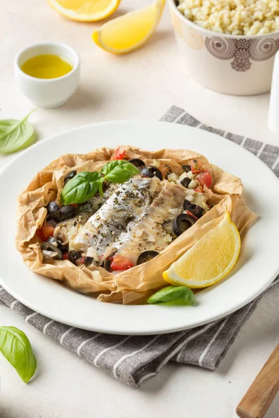 Fillet of white fish (Pollock, cod, sea bass, Dorada) with olive — Stock Photo, Image