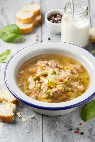 Sopa de verduras con col, carne, patatas, calabacín, zanahorias , —  Fotos de Stock