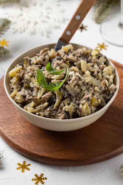 Salad with mushrooms, beef, potatoes and onions for new year, Ch — Stock Photo, Image